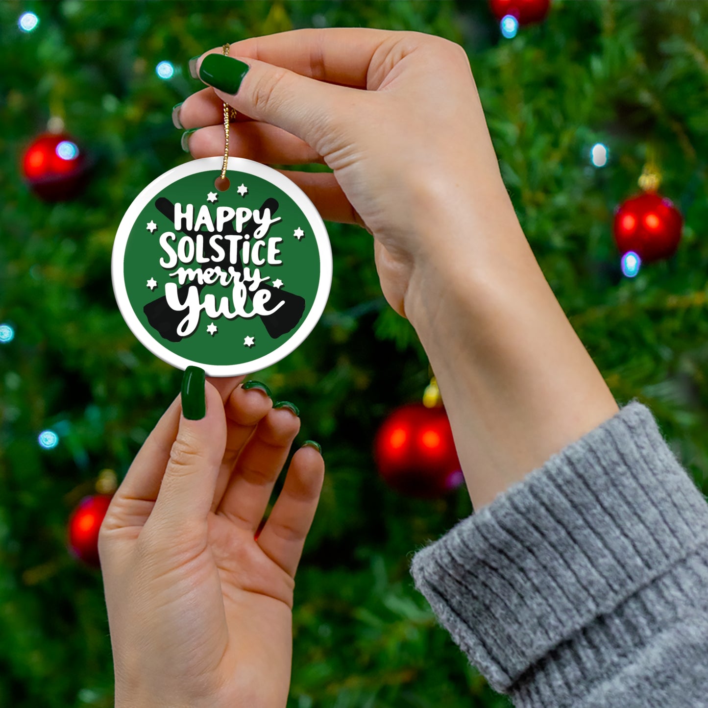 Ceramic Ornament - Happy Solstice Merry Yule Green