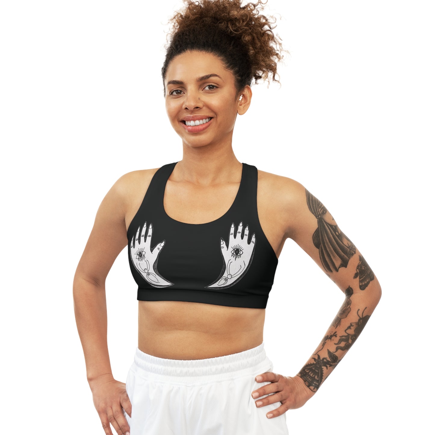 Sports Bra - Bless This Chest Seamless Bra with Protection Magic Hands in White